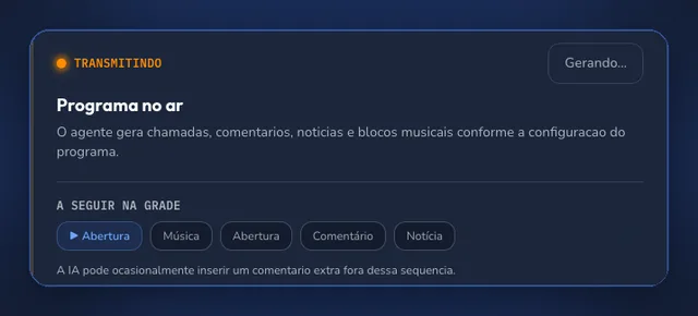 Painel Locufy transmitindo ao vivo, com a sequência de faixas do programa e o aviso de comentários extras da IA. Dados demonstrativos.