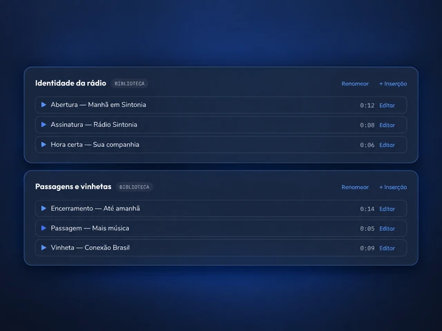 Biblioteca do Locufy com vinhetas de identidade e passagens, nomes dos áudios e duração. Dados demonstrativos.